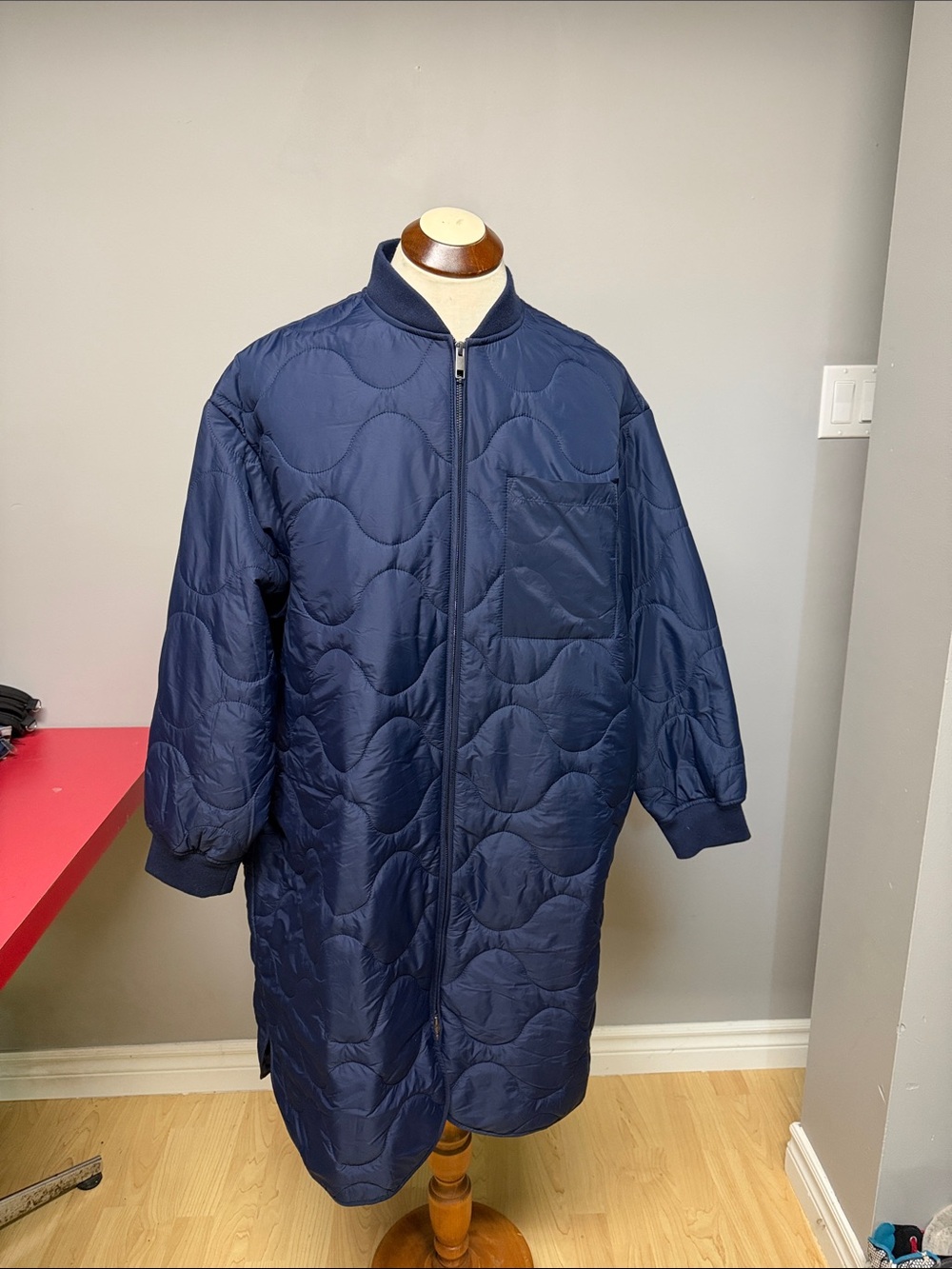 Women’s Navy Quilted Long Zip Jacket Coat
